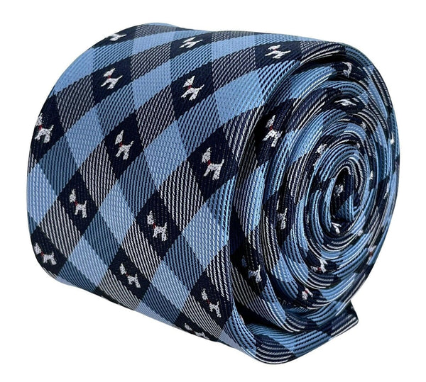 light blue  and dark navy blue plaid gingham style tie with Scottie dog Scottish Terrier design